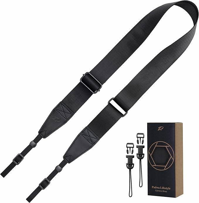 Padwa Lifestyle Black Adjustable Camera Strap - 1.5" Top Layer Cowhide Head Camera Straps for Photographers, Nylon Adjustable Neck Shoulder & Crossbody Strap Quick Release for All Cameras by PadwaLifestyleCameraStrap