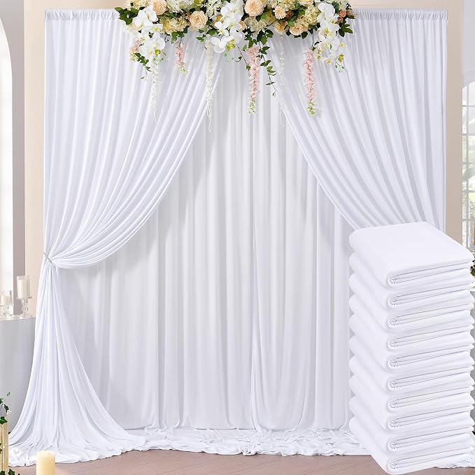 50ft×10ft Wrinkle Free White Backdrop Curtain for Parties, 10 Panels 5×10ft Polyester Photo Backdrop Drapes Wedding Back Drop Cloth for Birthday Baby Shower Photography Background Curtains by ENJOYYOURPARTY