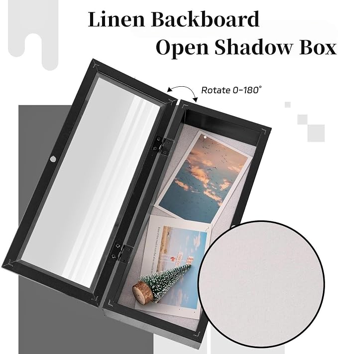 Muzilife 12.5x5 Shadow Box Wood Picture Frame, 2.16 Deep, Real Glass, Black | FSC-Wood, Magnetic Door, Linen Interior & Pins, Vertical, Horizontal Wall Hanging, Display Case Frame for Photos & Keepsakes - Image 5