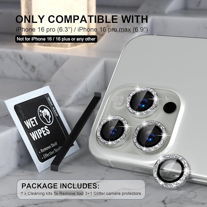 Choiche for iPhone 16 Pro/iPhone 16 Pro Max Camera Lens Protector | Ultra HD, Bling 9H Tempered Glass Camera Cover Screen Protector Metal Ring Decoration Accessories (Glitter-Silver) - Image 2