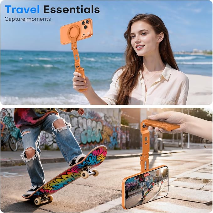 OMOTON TP03 [Ultra-Slim] 360° Rotating for MagSafe Tripod with Hook, Orange | Magnetic Phone Tripod for iPhone 17/16 Pro Max Air, Fold Cell Phone Stand with 1/4" Screw, Fits Vlog, Travel, Gym, Women Men - Image 6