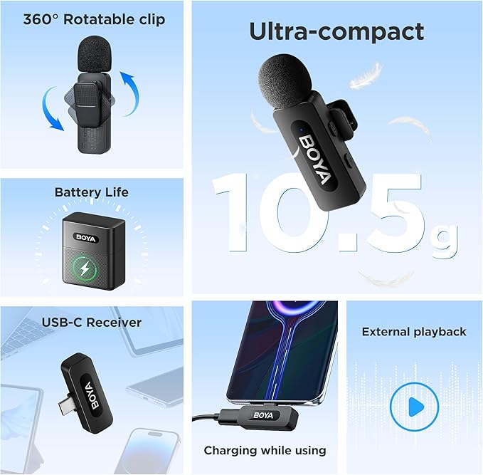 BOYA BY-V30 Wireless Lavalier Microphone,USB Type-C Mini Laple Mics for iPhone16,Android Smartphone,36H Battery,Noise Reduction,328FT Range Clip-on Condenser Mic for YouTube Interview TikTok - Image 2