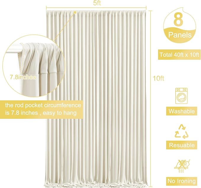 8 Panels Beige Backdrop Curtain for Wedding Parties Wrinkle Free Beige Photo Curtains Backdrop Drapes Fabric Decoration for Baby Shower Photography 40ft(W) x 10ft(H) - Image 5