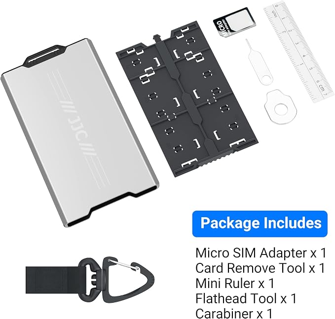 Aluminum Memory Card Case Slim for 4 SD,12 Micro SD TF MSD,2 Nano SIM/NM Cards,Anti-Shock Anti Scratch,Comes with Carabiner,Flathead Tool,Micro SIM Adapter,Card Remove Tool and Mini Ruler (Gray) - Image 6