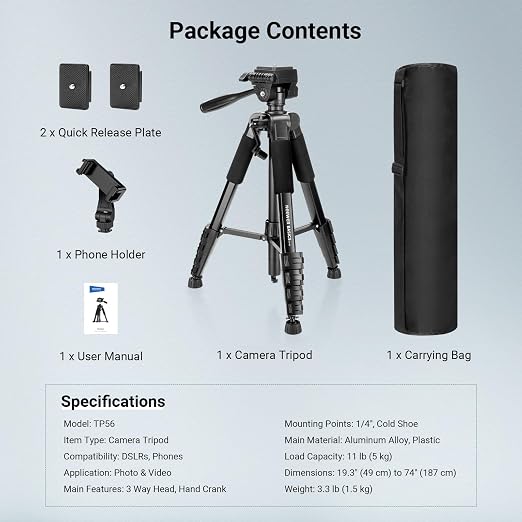 NEEWER Basics TP56 Camera Tripod, 74" Tripod with Cell Phone Holder Mount | Compatible with iPhone for Video Recording, Professional Aluminum Lightweight Portable Travel Stand, 3 Way Pan Tilt Head - Image 9