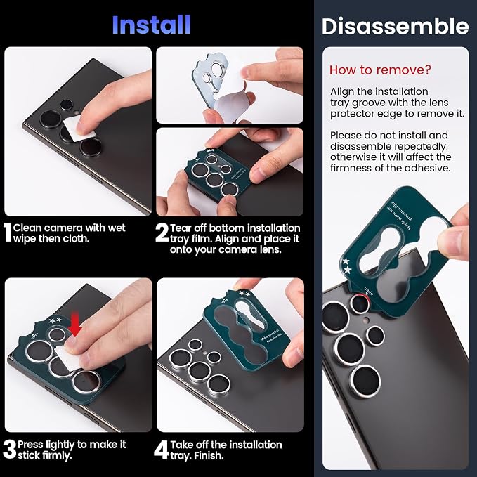 Tensea Compatible with Samsung Galaxy S25 Ultra Camera Lens Protector | 9H Tempered Glass Camera Cover Screen Protector Metal Individual Ring [Installation Tray][Case Friendly] - Image 7