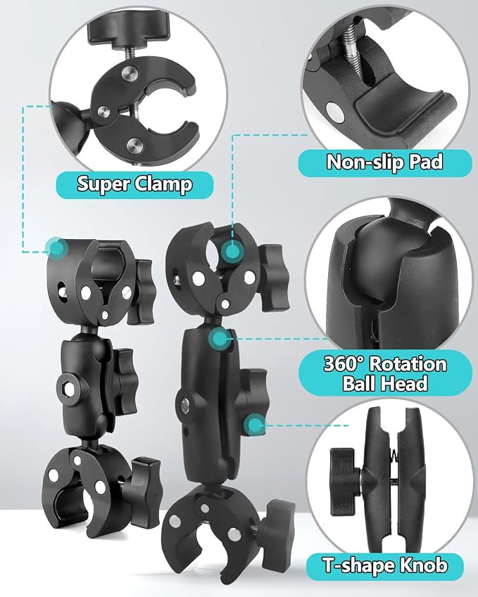 Double Super Clamp Mount 7.28"/18.5cm & 8.86"/22.5cm, Motorcycle Bike Handlebar Umbrella Pole Chair H oleder Clamp Mount for Light Stand Reflector Boom Stand Selfie Stick - Image 3