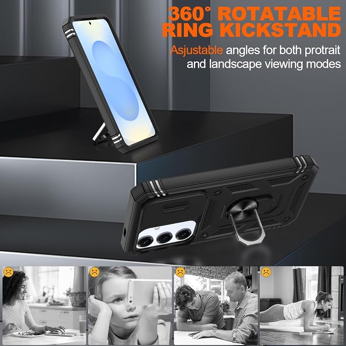 Gritup Fit for Samsung Galaxy S25 Case with Slide Camera Cover | 2 Pcs Screen Protector, Build in 360° Rotating Ring Kickstand, Military Grade Protective Phone Case, Black - Image 7