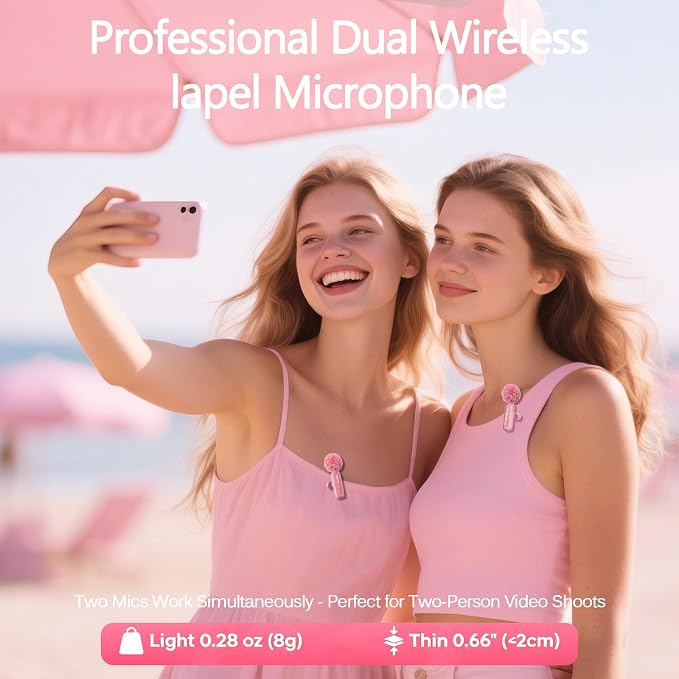 Pink Wireless Lavalier Microphone for iPhone/Android, 60ft Transmission, Record While Charging, Ultra-Long Battery Life, Noise Reduction, Plug & Play, for Vlog TikTok YouTube (Pink) - Image 4