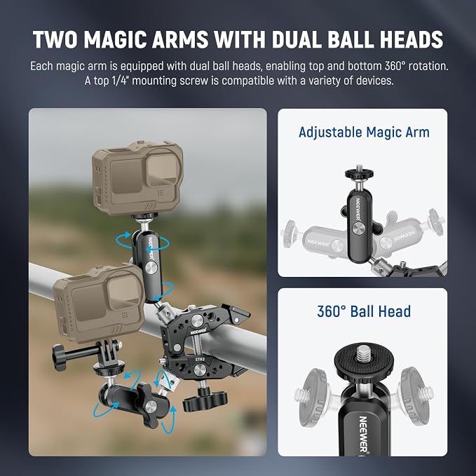 NEEWER Heavy Duty Super Clamp with Two 360° Dual Ball Head Magic Arms, 1/4" 3/8" Screw Threads, Phone & Action Camera Mount Adapter for Flat/Round Surface Compatible with GoPro DJI Insta360 DSLR - Image 5