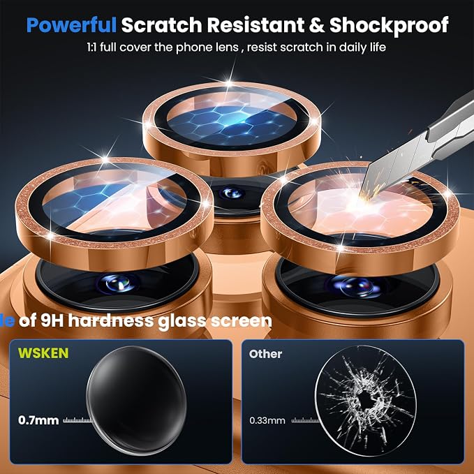WSKEN for iPhone 17 Pro/iPhone 17 Pro Max Camera Lens Protector | Original Shooting Mode, Individual Metal Cover Film, Shatterproof HD Tempered Glass Camera Screen Protector, Glitter Orange - Image 3