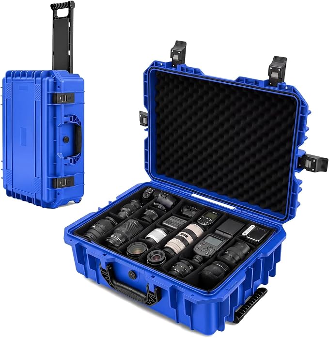 Relaxweex Rolling Camera Hard Case with 24 Padded Dividers & Wheels | Impact-resistant, Protective, Waterproof, Hard Shell Travel Case for Cameras, Lenses & Accessories, 26 x 20 x 10 Inch, Blue by Relaxweex