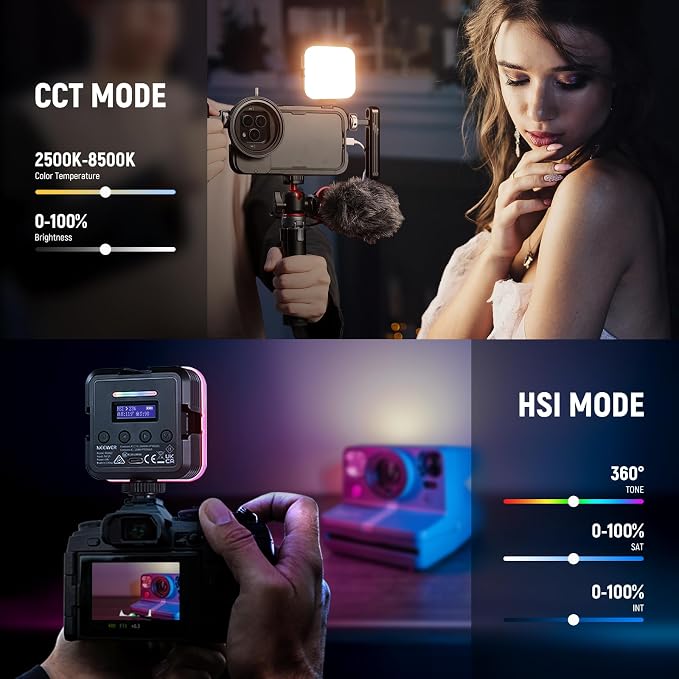 NEEWER Magnetic RGB Camera Light, 360° Full Color RGB61 Small LED Panel Video Light with 3 Cold Shoe Mounts/CRI 97+/20 Scene Modes/2500K-8500K/2000mAh Portable Recording Photography Selfie Lighting - Image 2