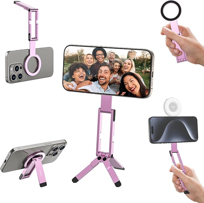 ULANZI MA60 Phone Tripod for Magsafe, Aluminium Mini Phone Stand Pink | Pocket Size Cell Phone Stand, Foldable Selfie Stick for iPhone, Strong Magnet Quick Mount for iPhone 16 15 14 13 12 by ulanzi