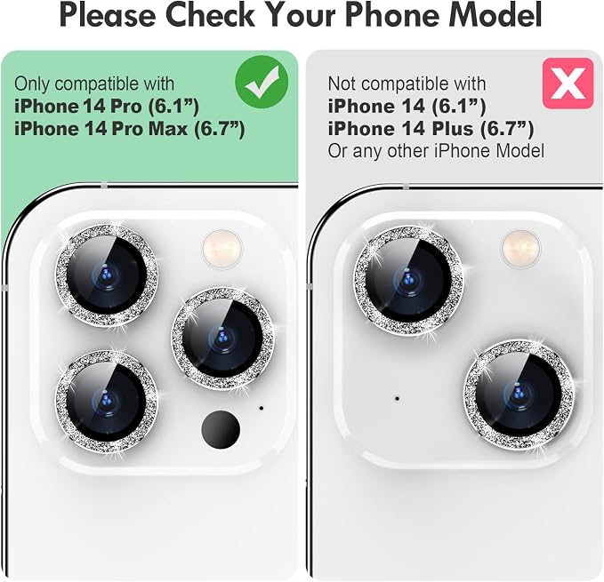 for iPhone 14 Pro/14 Pro Max Camera Lens Protector Glitter, Silver | Individual Metal, 9H Hardness, Scratch Resistant, Shockproof, Drop Protection, Case Friendly, Stylish Accessories - Image 2