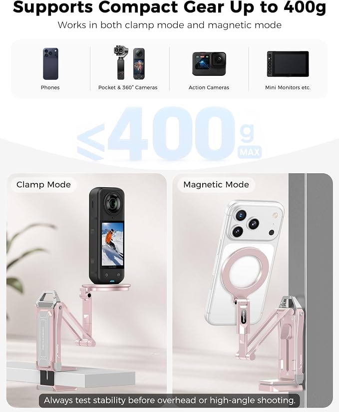 OMOTON TP02-Ultra Magnetic Action Camera Mount for DJI/GoPro iPhone，Pink | Arca-type Adapter with 1/4" Screw, 4 in 1 Phone Tripod for Travel Vlog, Adjustable & Swivel, for iPhone 12-17 Series - Image 7