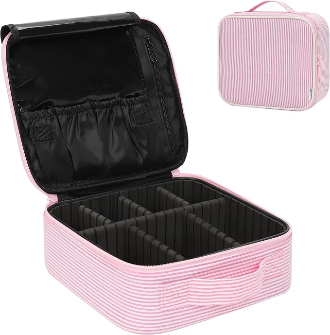 Relavel Travel Makeup Train Case, Portable Cosmetic Case Makeup Organizer, Professional Artist Storage Bag with Adjustable Dividers for Cosmetics Brushes, Birthday Gifts for Girls, Pink Stripe by Relavel
