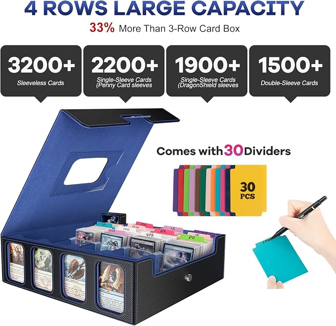 4-Row Trading Card Storage Box, Holds 3200+ Cards [US Patent], Black & Blue | Large Capacity, Portable Handle & Display Windows, Compatible with MTG, Commander, Sports Cards and Other Standard TCG Cards - Image 2