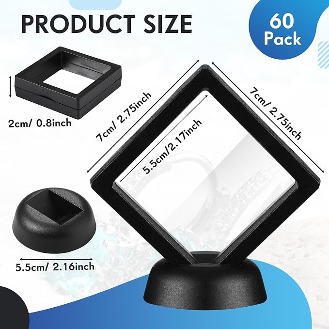 FairySandy 60 Pcs Floating Display Case Box, 2.76 Inch, White, Black | 3D Floating Frames with PE Film for Challenge Coin, medal, Jewelry Storage Box, Small Display Holder, Stand Base Included - Image 2