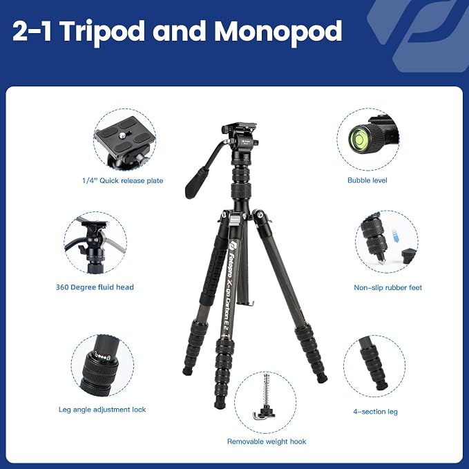 Fotopro 59" Carbon Fiber Travel Tripod, Compact Video Tripods with Fluid Head, Detachable Monopod with Quick Release Plate and Bag, Camera Tripod Load up to 8KG/17.63lbs - Image 7