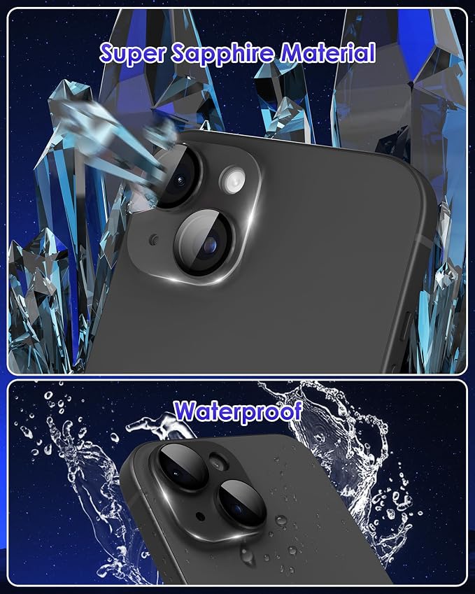 Compatible for iPhone 15/ iPhone 15 Plus/iPhone 14/ iPhone 14 Plus Camera Lens Protector Metal Plus Aluminium Alloy Ring 9H Tempered Glass Screen Camera Cover Black - Image 4