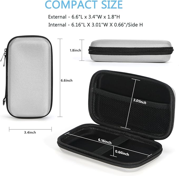 Small Tech Zipper Bag Organizer, Silver Shockproof EVA Carrying Case | Mesh Pocket, Universal Electronic Pouch for Cell Phone, Charger, Cord, Cable, Hard Travel Case, Portable - Image 3