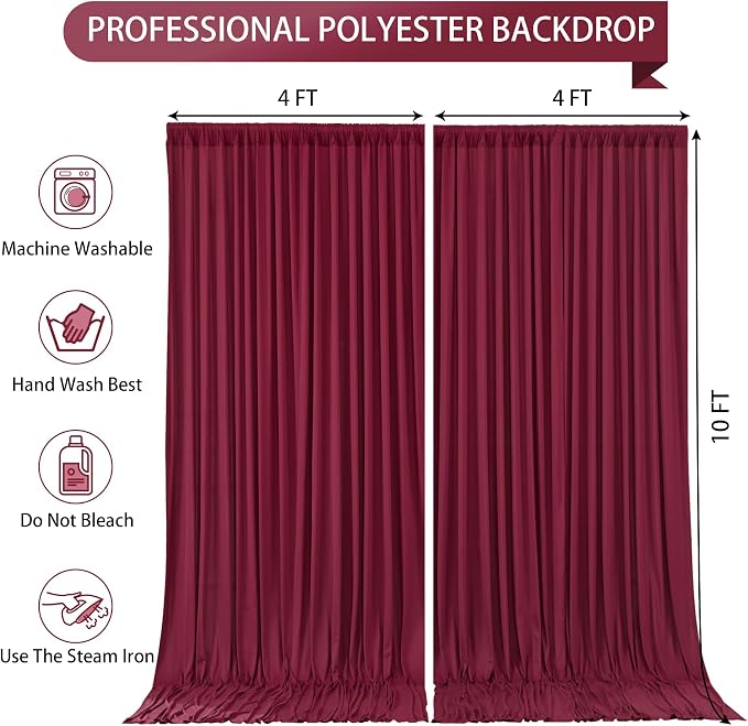Burgundy Backdrop Curtain 2 Panels-Wrinkle-Free Champagne Curtains Polyester Photography Drapes for Baby Shower Birthday Party Photo Background Backdrop Stand- 8 X10FT (Burgundy) - Image 5