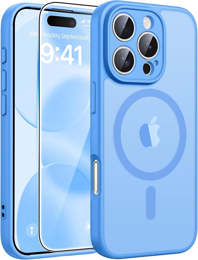 FNTCASE for iPhone 16 Pro Max Case, Fit for Magsafe, Glass Screen Protector | Full Camera Protection, Translucent Matte, 14FT Military Grade Drop Proof, Shockproof Protective Phone Cover, Ice Blue by FNTCASE