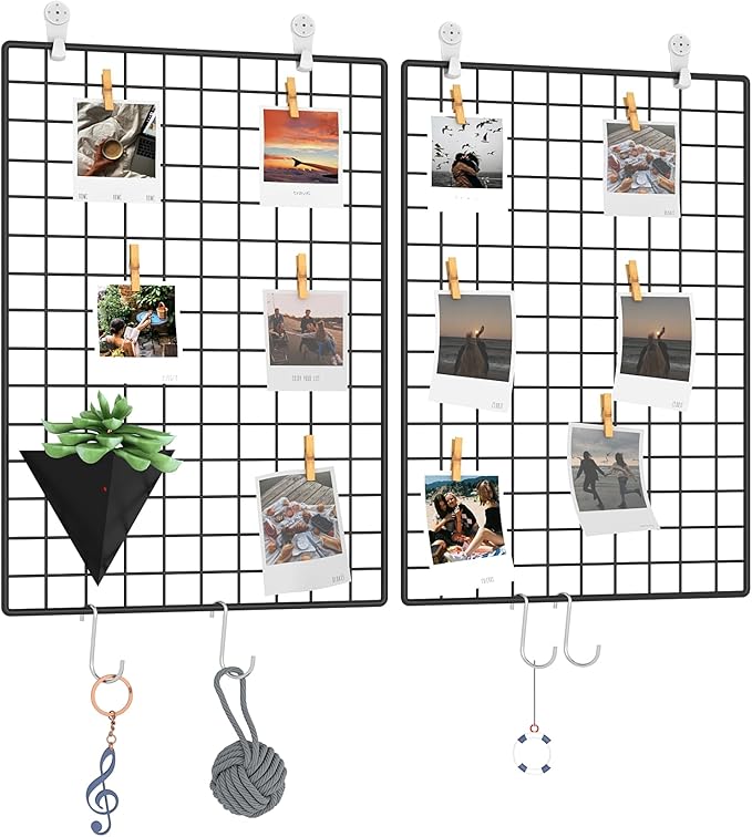 C&AHOME Photo Wall Display Set of 2, Wall Grid Panel, 17.7" x 25.6", Black | Photo Display Shelves, Wall Storagae Organizer, Grid Panel, Hooks, Clips, Hemp Cord, Hammer by CAHOME