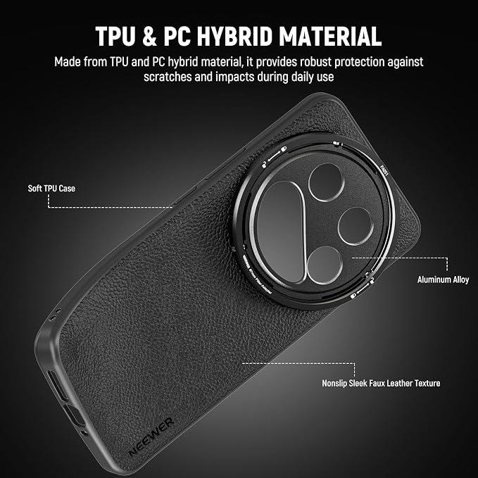 NEEWER 14 Ultra Case, Protective Heavy Duty Case with Wireless Charging, 17mm Lens Mounts & 67mm Filter Adapter, TPU + PC Faux Leather, Compatible with Xiaomi 14 Ultra, PA051 Black - Image 6