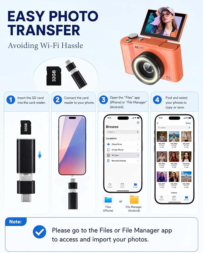 W & O 4K Digital Camera for Photography,180°Flip Screen Kids Digital Camera | 64MP Vlogging Camera for YouTube with SD Card,16X Zoom Autofocus,Point and Shoot digital cameras for Teens Beginner,Orange - Image 4