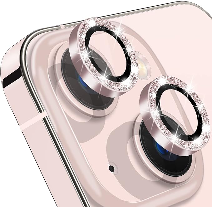 for iPhone 13 Mini & iPhone 13 Camera Lens Protector, Bling Glitter 9H Tempered Glass Camera Cover Anti Scratch Shockproof Screen Protector Individual Ring - 2Pcs Glitter Pink - Image 8