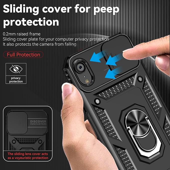 HNHYGETE for iPhone XR Phone Case with HD Screen Protector: [Military Grade 20ft. Drop Tested] Slide Camera Cover Ring Shockproof Protective Phone Case for - iPhone XR (Black) - Image 3