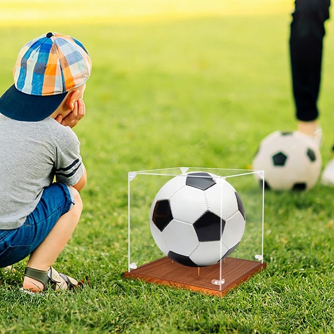 Clear Acrylic Soccer Display Case with Wood Base & Tee, Memorabilia Stand Cube Holder, Dust Protection Transparent Storage Box for Single Ball Souvenir Soccer Ball Collections - Image 8