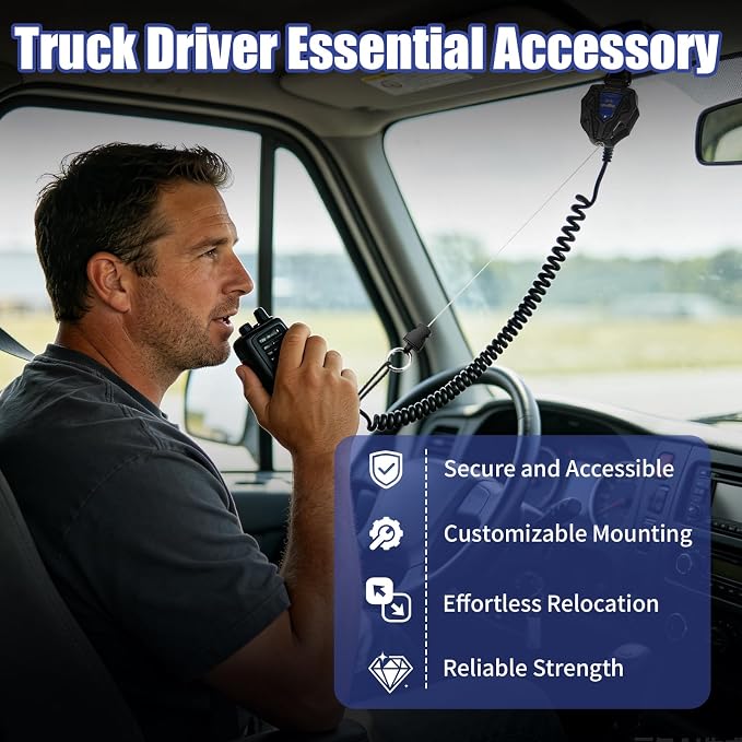 CB Mic Holder, Retractable CB Radio Microphone Hanger with 28" Stainless Steel Cord, Heavy-Duty Mic Tether with Adjustable Mount Kit & D-Ring with Screw, Perfect for Truck Drivers, Type-B - Image 2