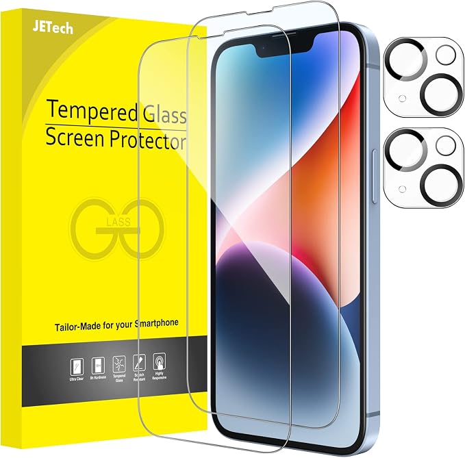JETech Screen Protector for iPhone 14 Plus, 2+2 Pack | with Camera Lens Protector, 9H Tempered Glass, Full Coverage, HD Clear, Case-Friendly by JETech