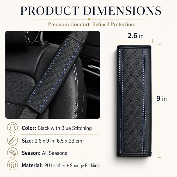 Seat Belt Pads Leather Seat Belt Covers More Comfort Driving Cushion Helps Protect Your Neck and Shoulders Suit for Car, Truck, SUV, Airplane,Camera Backpack Straps Black+Blue-2Pcs - Image 2