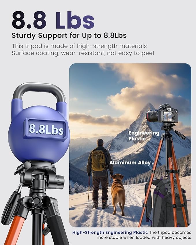CAMBOFOTO 74″ Camera Tripod, 360° Aluminum Lightweight Tripod/Orange | Heavy‐Duty Professional Tripod Stand for DSLR & Mirrorless Cameras/Smartphones/GoPro, with 360° Pan Head/Phone Mount - Image 2