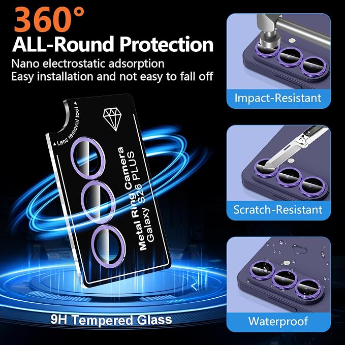 for Samsung Galaxy S26 Plus Camera Lens Protector, Individual Metal Ring Tempered Glass Lens Cover, [Strong Adsorption] Scratch Resistant Ultra-Thin HD Clear Lens Cover, 1 Set-Purple - Image 2