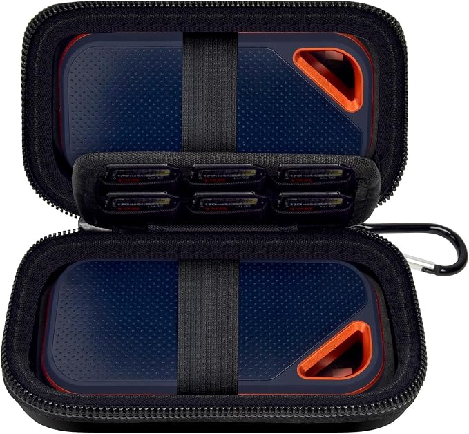 Comecase Dual SSD Case for SanDisk Extreme Portable SSD and Extreme PRO | Holds 2 Drives & 12 SD Cards, Elastic Strap Fit 500GB/1TB/2TB/4TB/8TB, Cable Groove and Carabiner for Travel, Black,Case Only by COMECASE