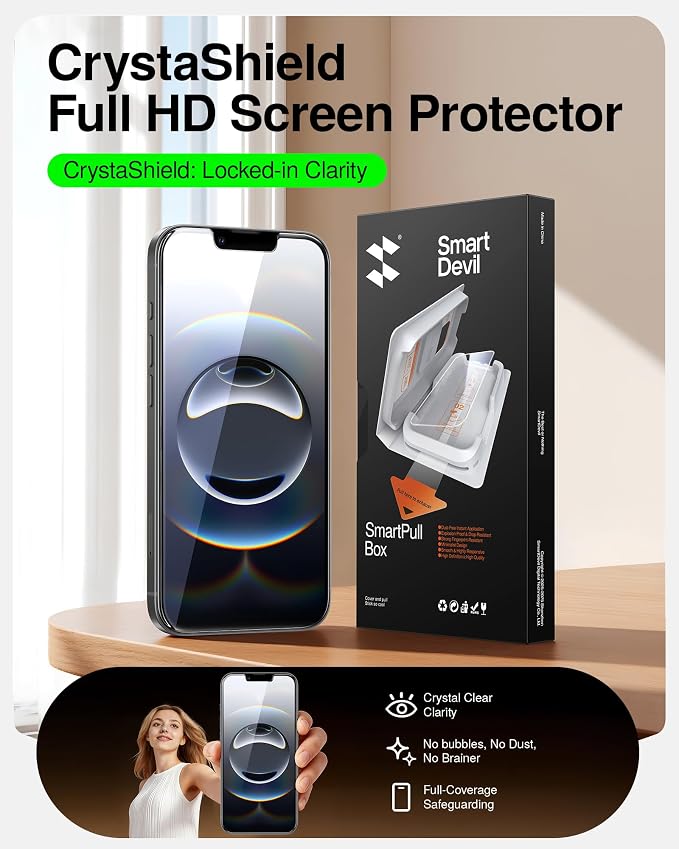 SMARTDEVIL 2 Pack for iPhone 16e/14/13Pro/13 Screen Protector | Tempered Glass, SmartPull Box Bubble-Free Instant Install Applicator, 9H Military-Grade Protection, Case-Friendly - Image 2
