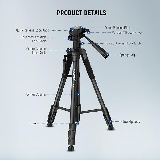 NEEWER Basics TP05 74" Video Tripod Monopod, 3 Way Pan Tilt Head Phone Holder Compatible with iPhone DSLR, Travel Recording Stand, Overhead Camera Mount, Crossbar, 17.6lb Load - Image 7