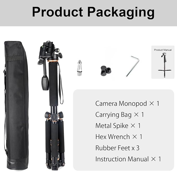 Koolehaoda 71.6” Camera Monopod with 3-Way Pan Tilt Head & Detachable Feet | Aluminum Tripod & Monopod Photography Unipod Stick for DSLR, Camcorder, Vlog & Sports Shooting - Image 8