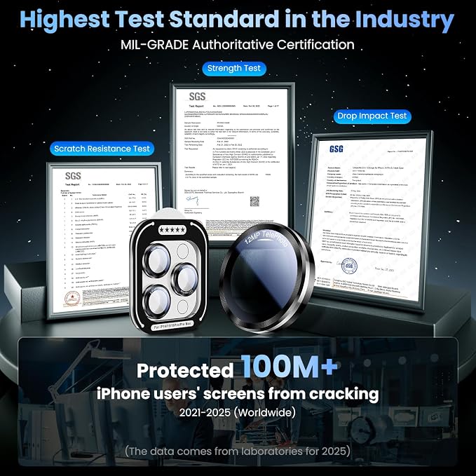 Uyiton for iPhone 17/16/15/14 (Pro Max & Pro) Camera Lens Protector | Unique Lines Text Design, Case-Friendly, Military-Grade Sapphire Glass Metal Camera Cover, Easy to Install, Black+Silver - Image 6