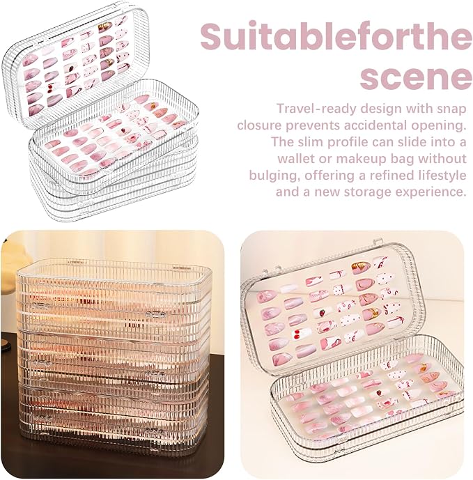Large Tri-Fold Press On Nail Organizer Case - 4-Page Portable Storage Box for Fake Nails, Clear PET Plastic Travel Holder (6×3.2×1.8 inch) Texture 2Pcs - Image 5