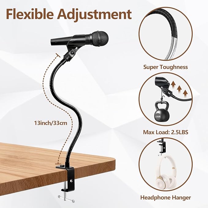 2 In 1 Gooseneck Mic Stand with Phone Clip, 13 Inch Flexible Mic Arm Desk Mount for Podium, Lecture, Podcast, Studio, Microphone Holder Compatible with Shure SM58, Beta 58A, Samson Q2U - Image 3