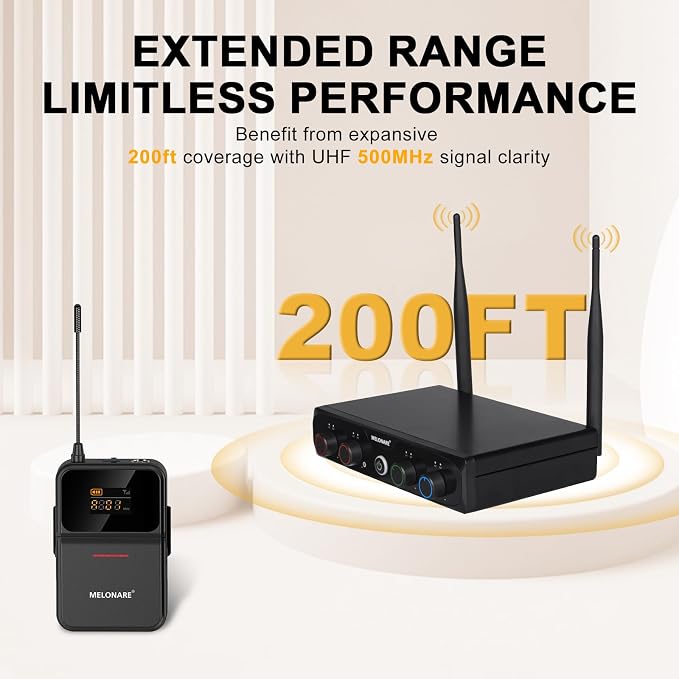 MELONARE Compact 4-Channel UHF Wireless Microphone System MWM-41-4B | 4 Headset/Lapel Microphones, 4 x 10 Frequencies, 200 ft Range, Hands-Free Vocals, Church, Conference - Image 3