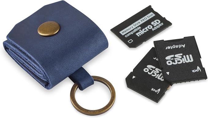 Leather SD Card Holder Keychain, SD Card Case Key Fob, Micro SD Card Holder Organizer, SD Card Storage Case, Memory Card Case Cover, Travel Memory Card Case (Blue) by MAKYN
