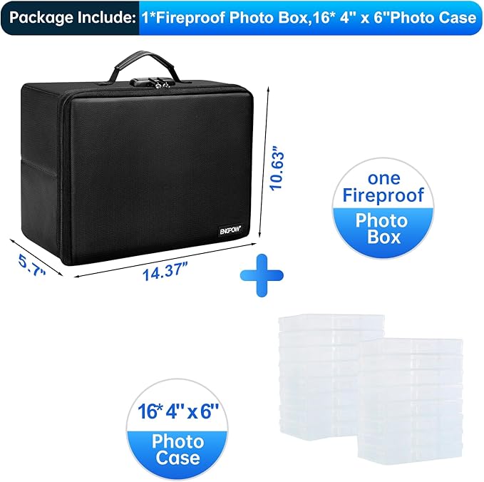 ENGPOW Fireproof Photo Storage Box with 16 Inner 4" x 6" Photo Case(Clear),Photo Box Organizer with Lock,Collapsible Portable Photo Storage Containers with Handle for Photos,Picture,Valuables - Image 2