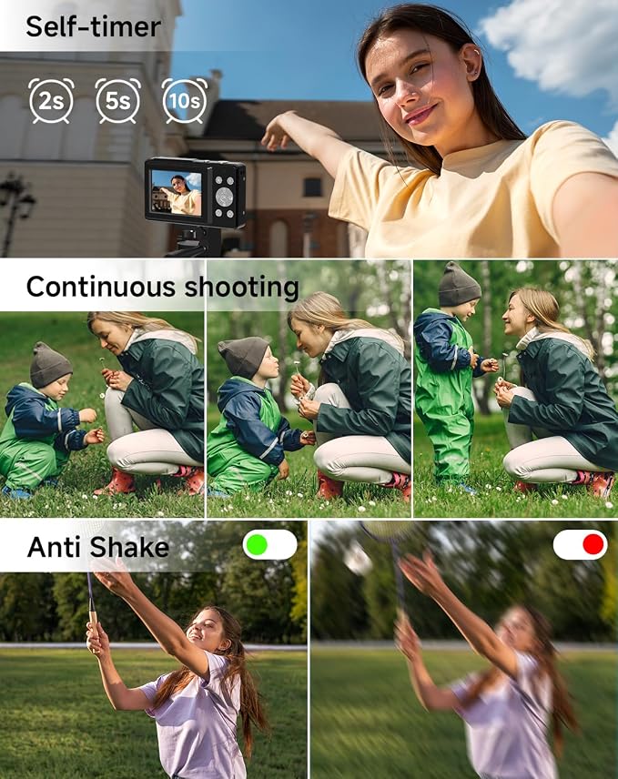 Digital Camera for Kids, FHD 1080P 44MP Point and Shoot Digital Camera with Face Detect, Smile Capture, 16X Zoom, 20 Filters, Anti Shake, 32GB SD Card Blcak Compact Vintage Camera for Kids Boys Girls - Image 6